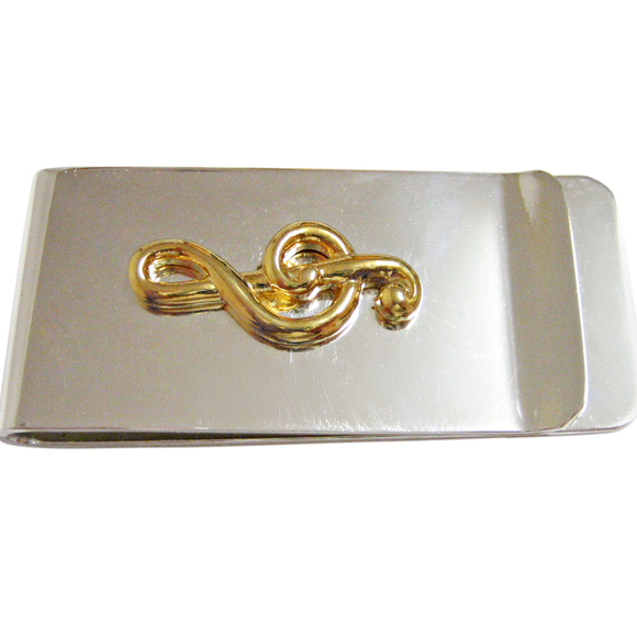Golden treble clef, notes, classical keys melody sheet. Wavy  Gold Toned Musical Treble Note Money Clip